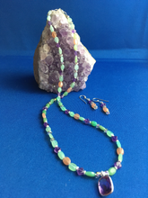 Load image into Gallery viewer, Chrysoprase, Peach Rhodochrosite, Amethyst, Swarovski Crystals 19"