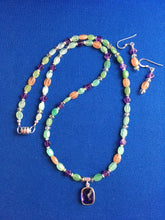 Load image into Gallery viewer, Chrysoprase, Peach Rhodochrosite, Amethyst, Swarovski Crystals 19"