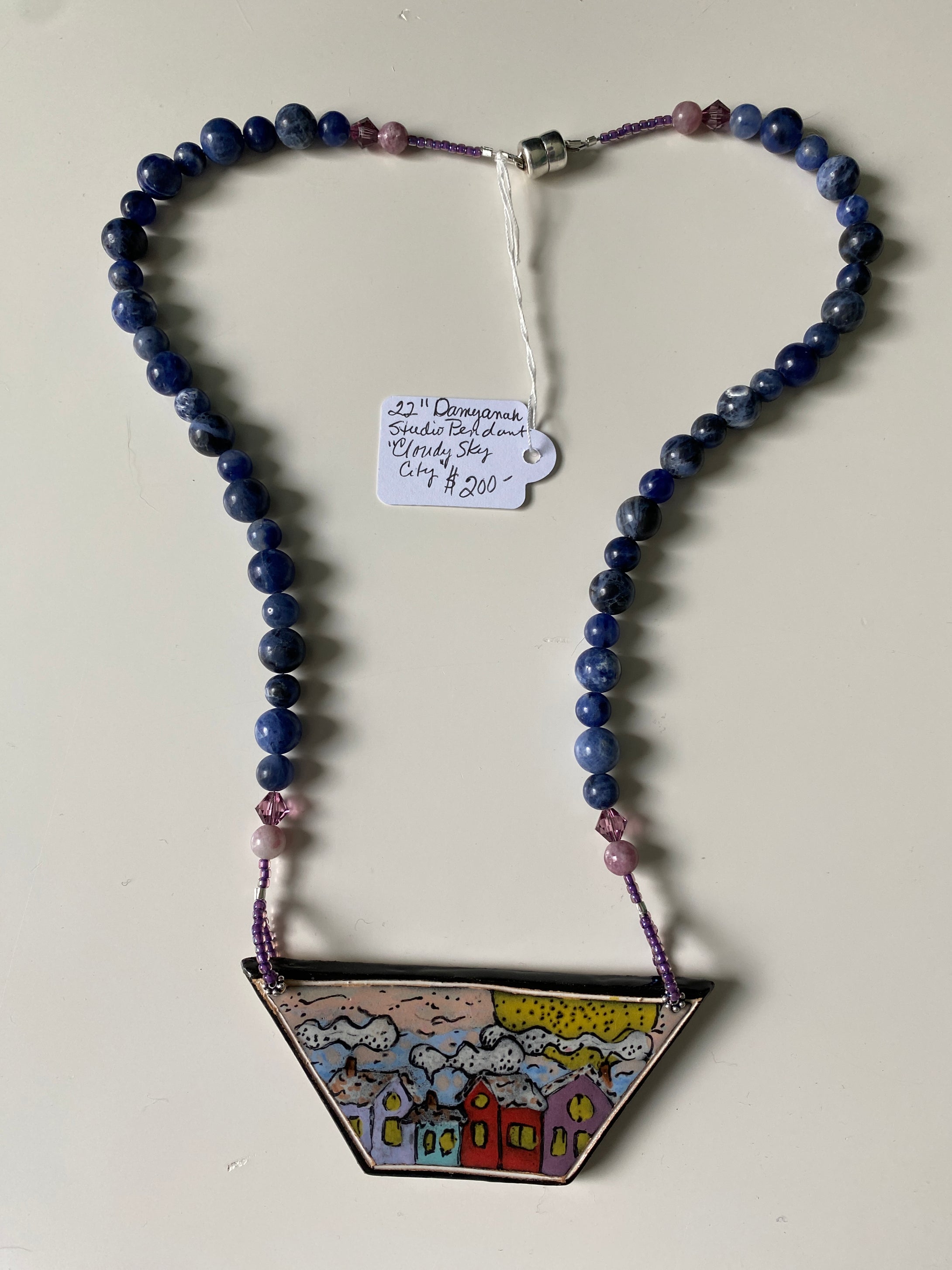 Statement piece!  Damyanak Studio Pendant ‘Cloudy Sky City’ strung on Sodalite gemstones with Czech Crystals. 22”