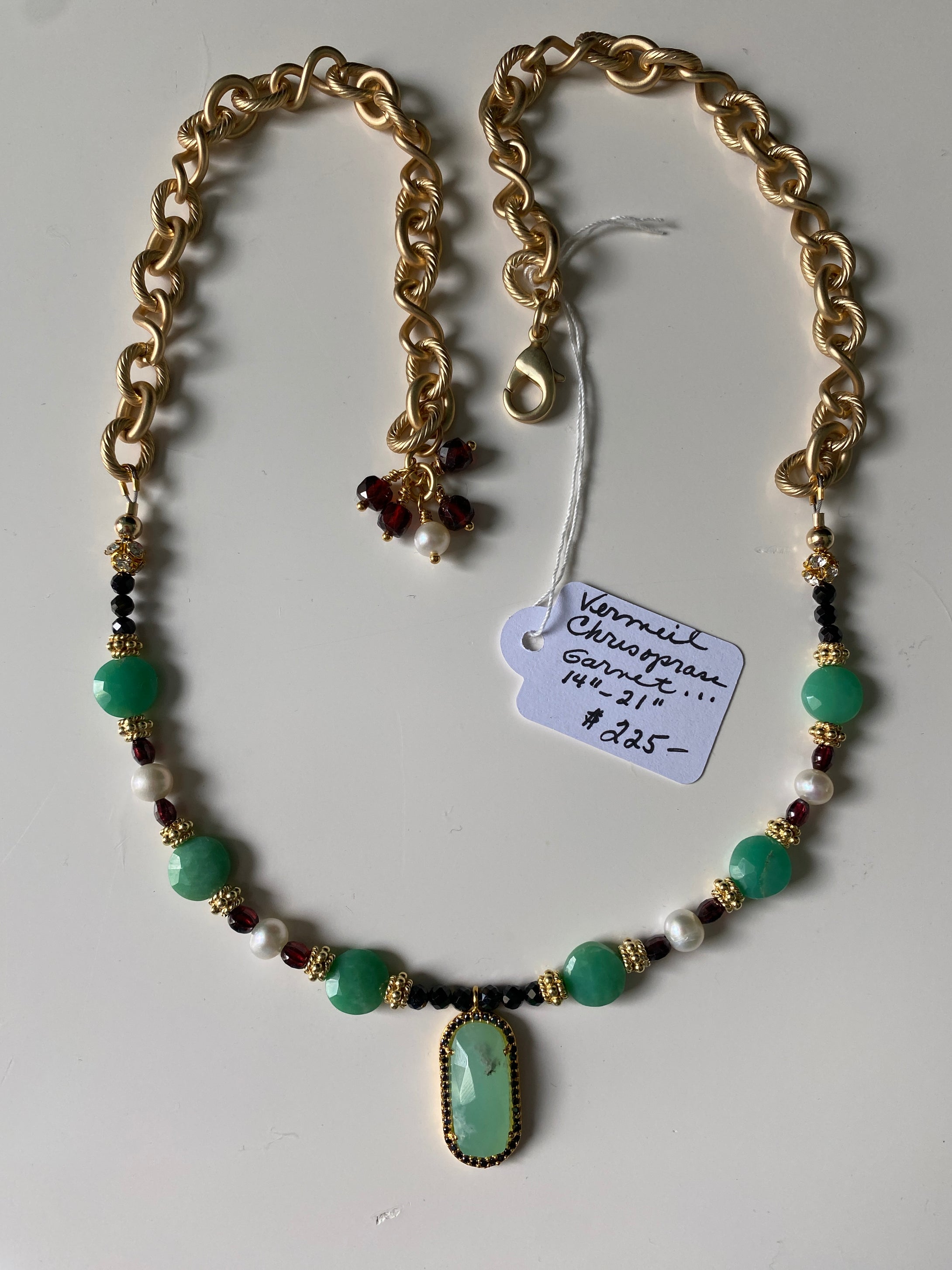 Chrysoprase, garnet, vermeil, FW pearls, plated gold etc 14-21”