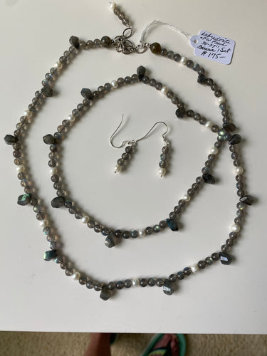 Labradorite and fresh water pearls 35-37” necklace and earrings set