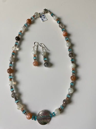 Multi -Moonstone and Apatite, Sterling Necklace and Earring Set 17 3/4”