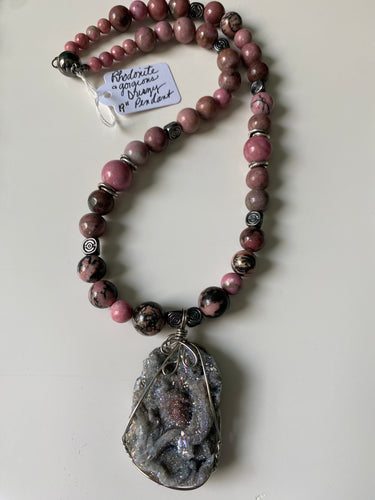 Rhodonite and gun metal necklace with a gorgeous sparkling 2” gray and a pink druzy pendant, 19