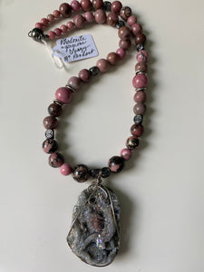 Rhodonite and gun metal necklace with a gorgeous sparkling 2” gray and a pink druzy pendant, 19"