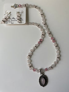 Natural Rose Quartz, quartz Crystal, Swarovski Crystal & plated silver  necklace and earring set 19”