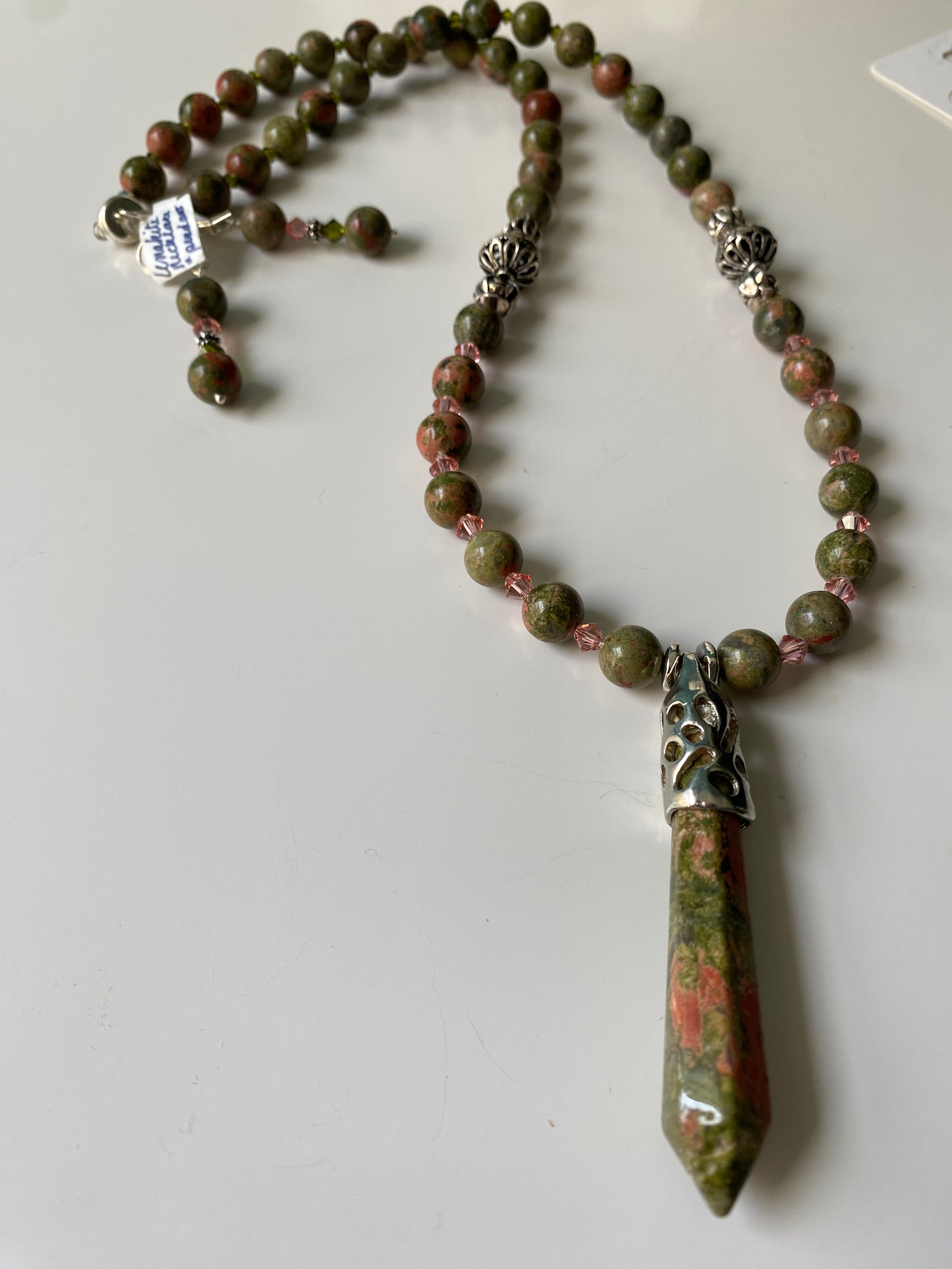 Unakite & Peridot gems, plated & Sterling silver, 22”