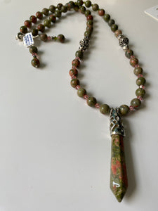 Unakite & Peridot gems, plated & Sterling silver, 22”