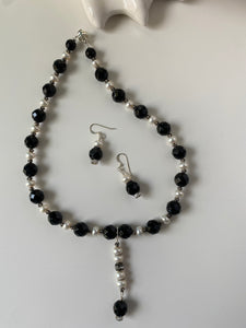 Faceted Black Onyx, FW Pearls, Sterling Silver, Crystals magnetic clasp 16” earrings