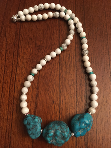 Large Chunky Blue Howlite Turquoise, Crystal, White Beads Plated Silver  23"