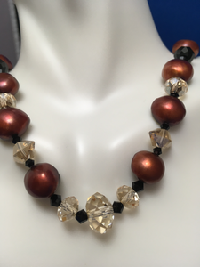 Raspberry FW Pearls, Complimentary Crystals with Black Beads  17 1/2"