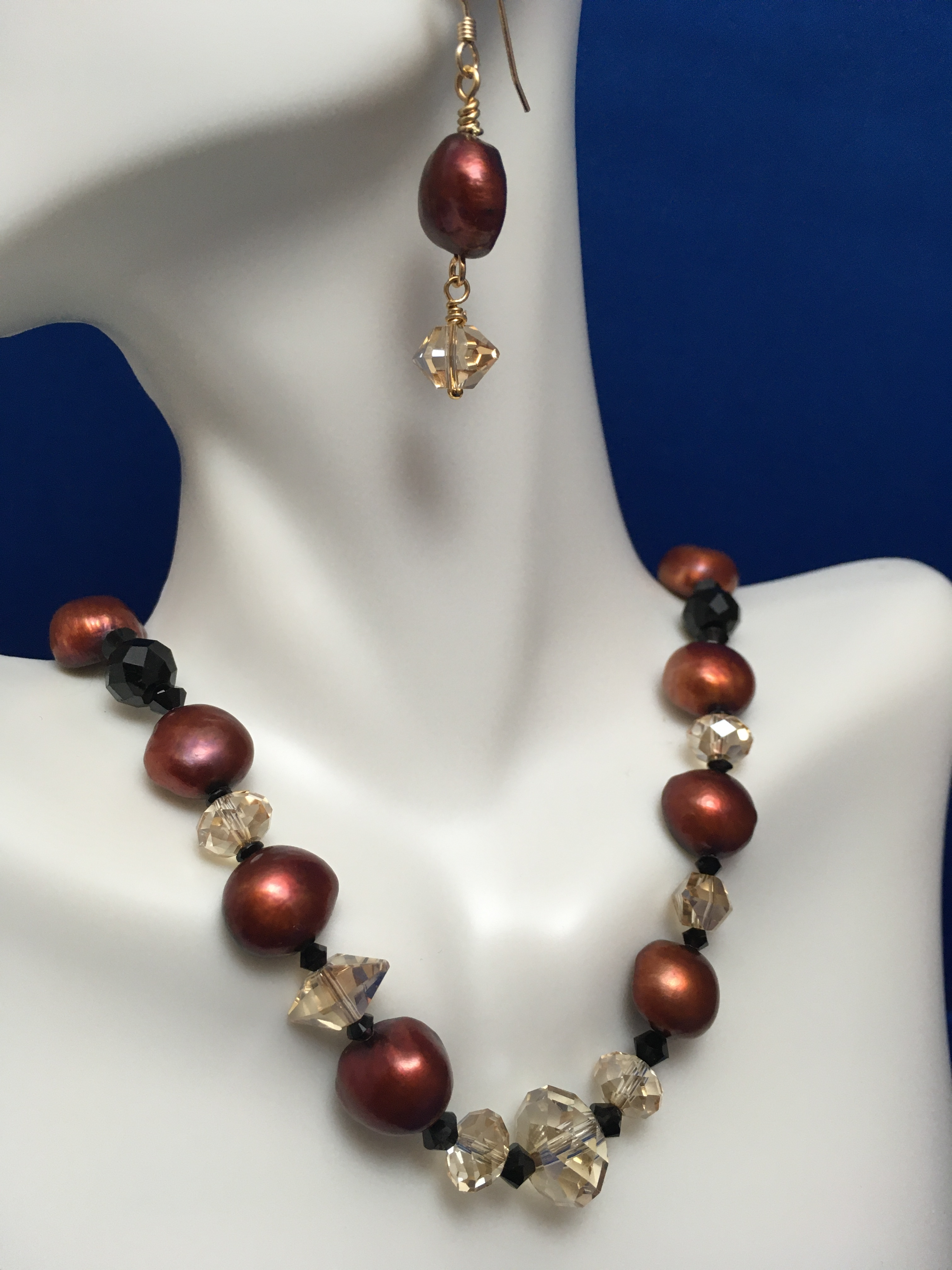Raspberry FW Pearls, Complimentary Crystals with Black Beads  17 1/2