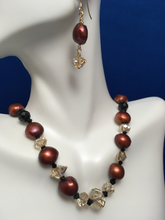 Load image into Gallery viewer, Raspberry FW Pearls, Complimentary Crystals with Black Beads  17 1/2&quot;