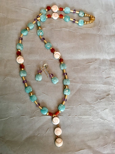 Amazonite, Lavender Amethyst, Carnelian, Silver Mouth Sea Shell, Plated Gold  21