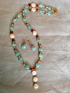 Amazonite, Lavender Amethyst, Carnelian, Silver Mouth Sea Shell, Plated Gold  21"