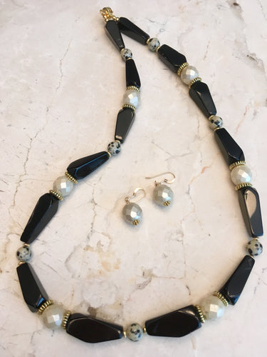Black Agate, Glass Pearls, Dalmation, Plated Gold.  22 1.2