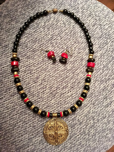 Black Onyx, Red Coral, African Brass.  24"