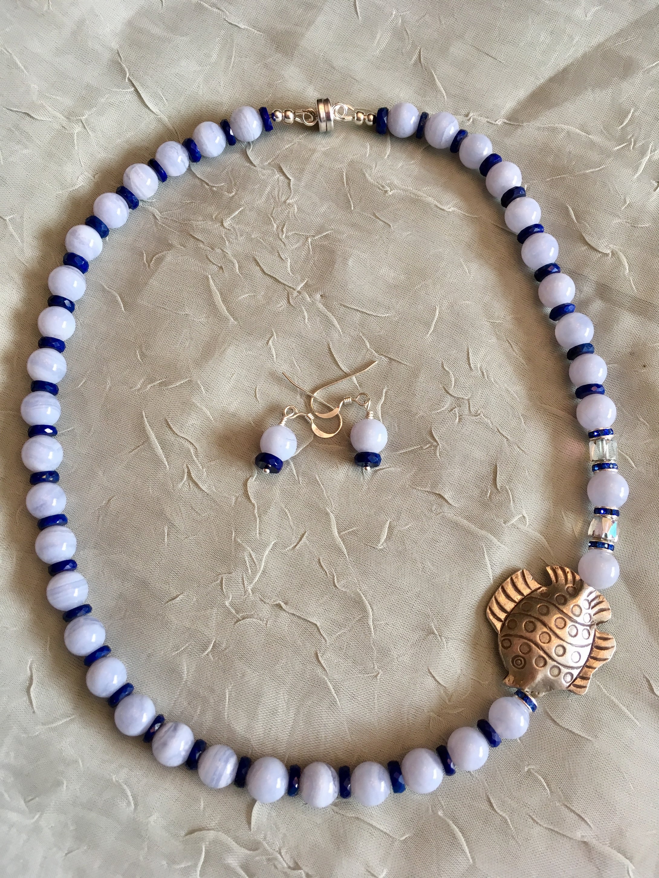 Blue Lace Agate, Lapis, Fine Silver Fish, Crystal.  17