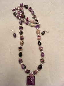 Charoite Barrels & Chips, Amethyst, Plated Silver with Amethyst Pendant.  27 1/2"