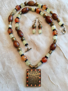 DZI Agate, Red Agate, Green Jade, Plated Brass, Toggle Clasp.  30"
