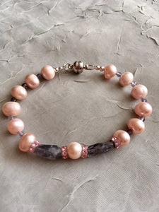 FW Pink Pearl, Iolite, Pink Crystal Bead Bracelet.  7"