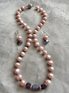 FW Pink Pearl, Iolite, Pink Crystal Bead 17"