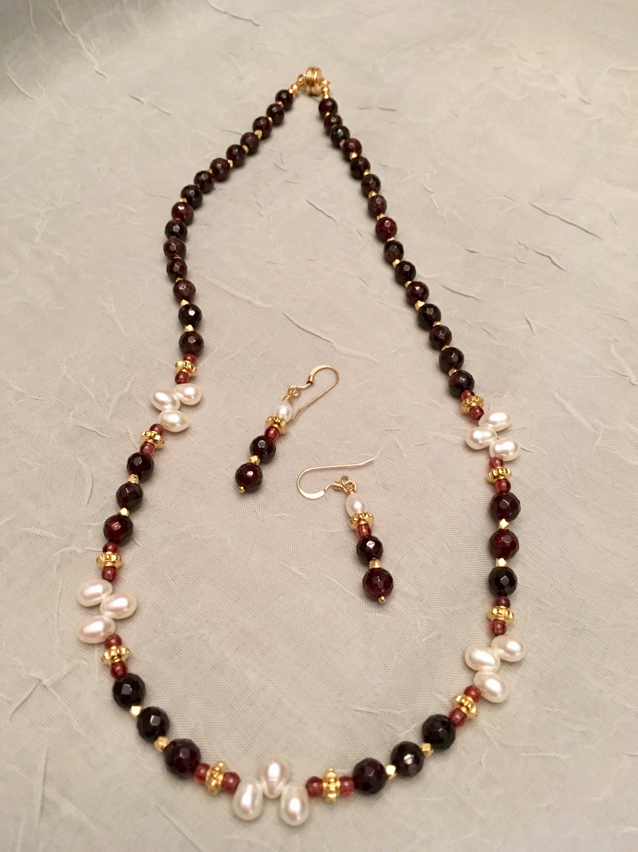 Faceted Red Garnet, FW Pearls, Vermeil Gold.  19