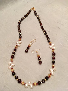 Faceted Red Garnet, FW Pearls, Vermeil Gold.  19"