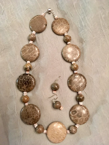 Fossil Coral Coin Beads, Shells, Plated Silver.  18