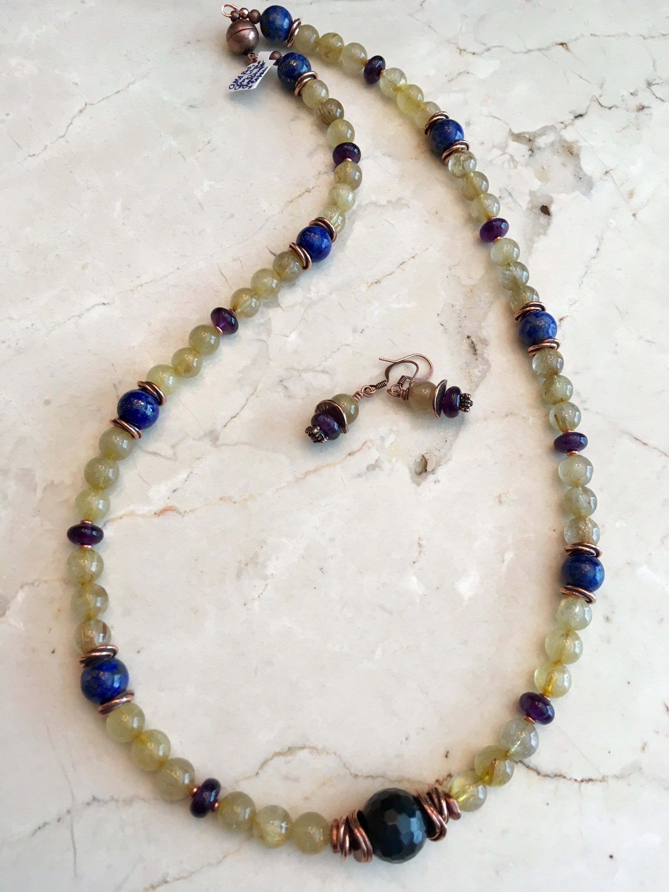 Gold Rutilated Quartz, Lapis, Amethyst and Plated Copper.  23 1/2