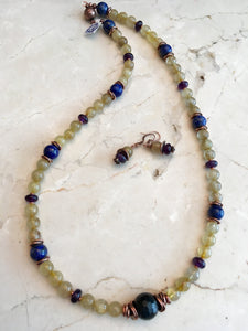 Gold Rutilated Quartz, Lapis, Amethyst and Plated Copper.  23 1/2"