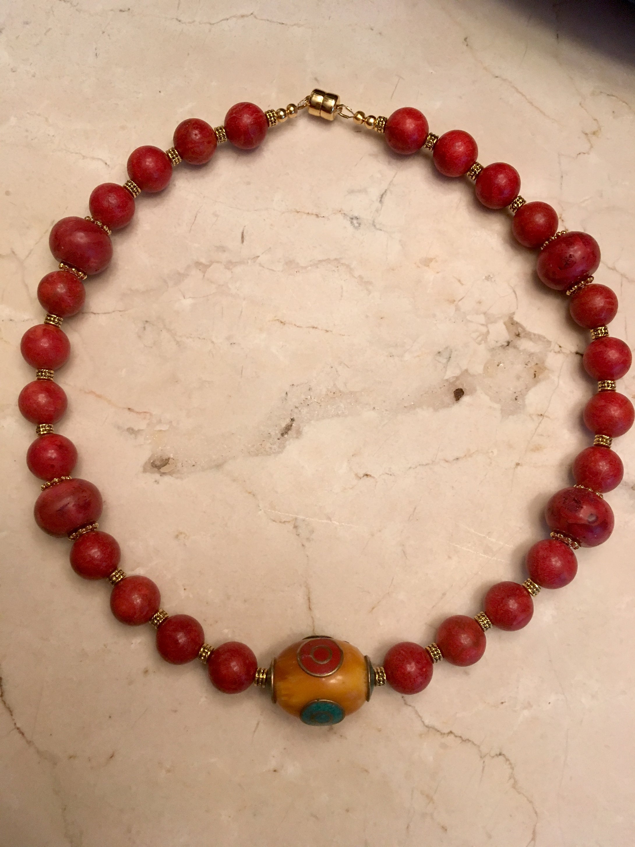 Red Sponge Coral, Plated Gold & Magnetic Clasp.  20