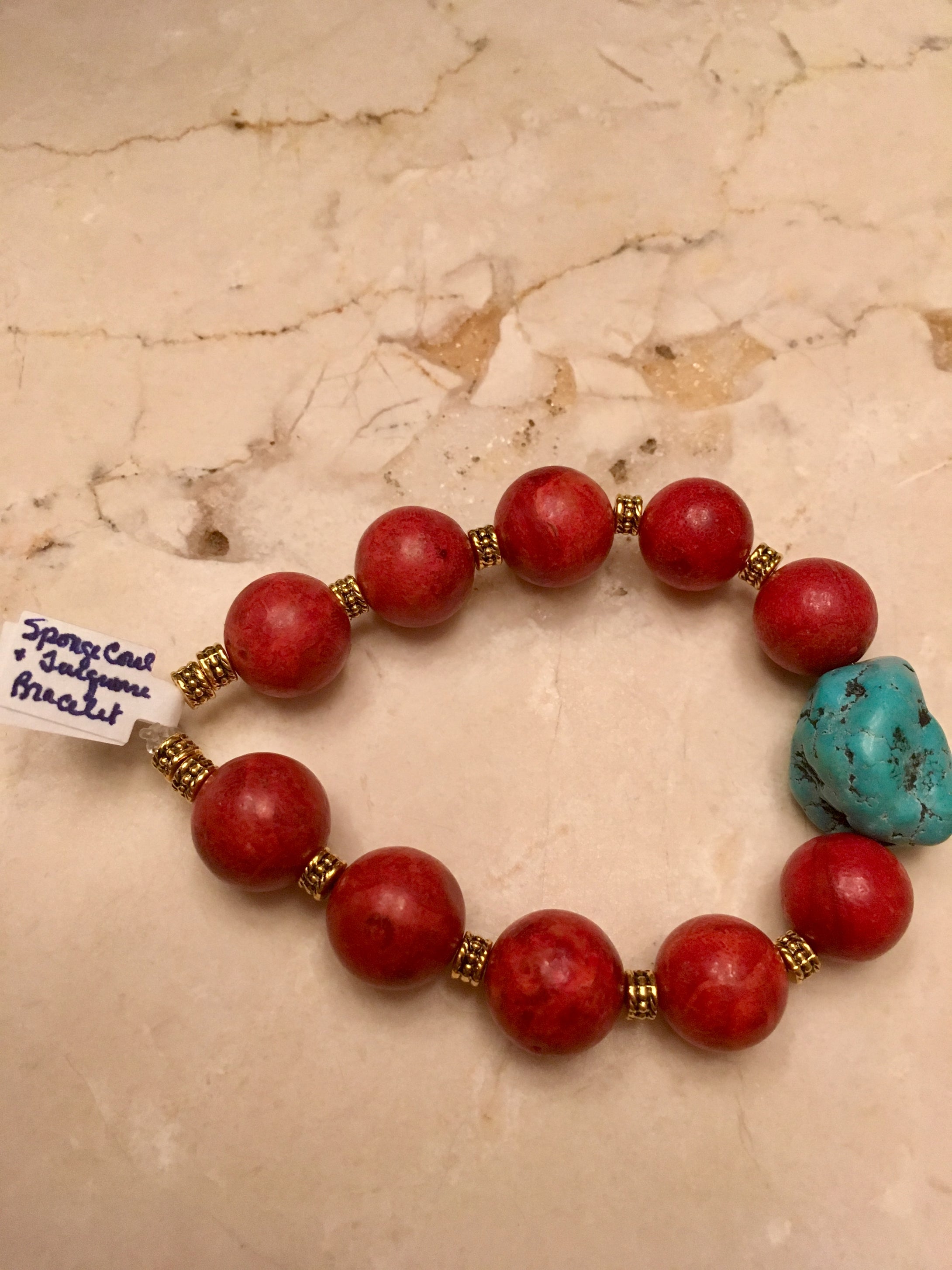 Red Sponge Coral, Turquoise and Plated Gold Stretch Bracelet