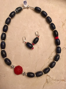 Lapis, Cinnabar, Brushed Plated Silver.  21"