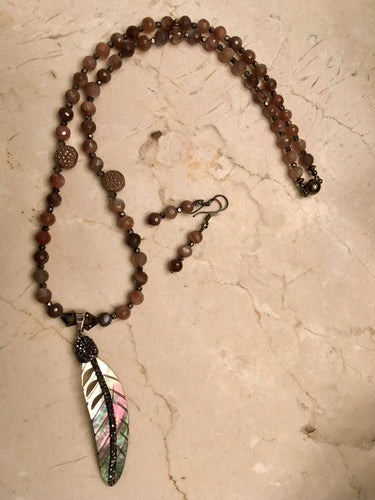 Coffee Moonstone, Pyrite, Gun Metal with Shell Feather 23 1/2