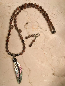 Coffee Moonstone, Pyrite, Gun Metal with Shell Feather 23 1/2"