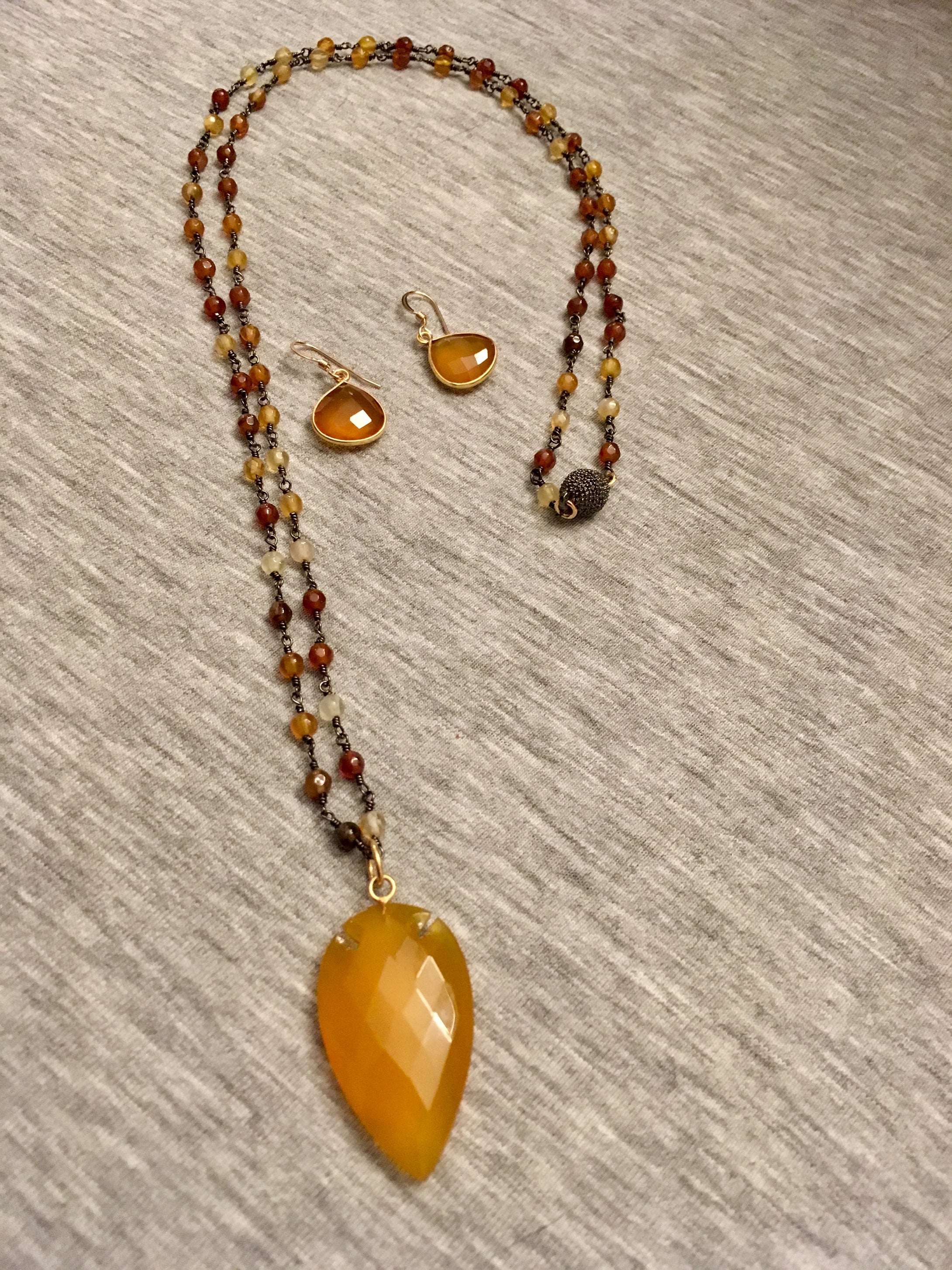 Butterscotch Pendant on Multi-Agate and Plated Gun-Metal Chain.  29