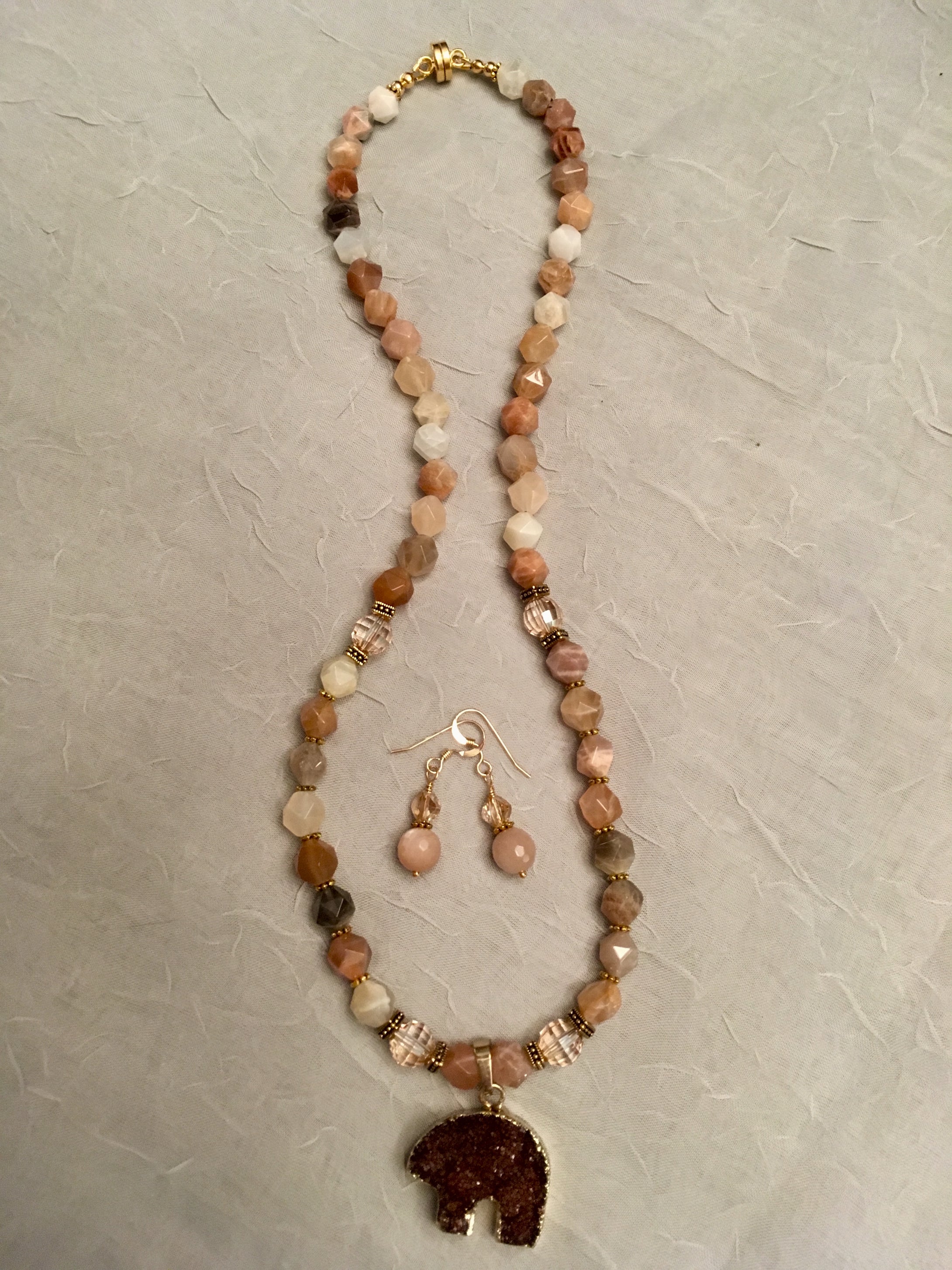 Peach Moonstone, Swarovski Crystals, Plated Gold with Druzy Pendant 19