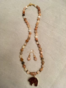 Peach Moonstone, Swarovski Crystals, Plated Gold with Druzy Pendant 19"