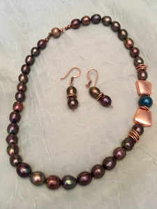 Freshwater Copper Pearls, Swarovski Blue Crystal Pearl, Plated Copper.  18"