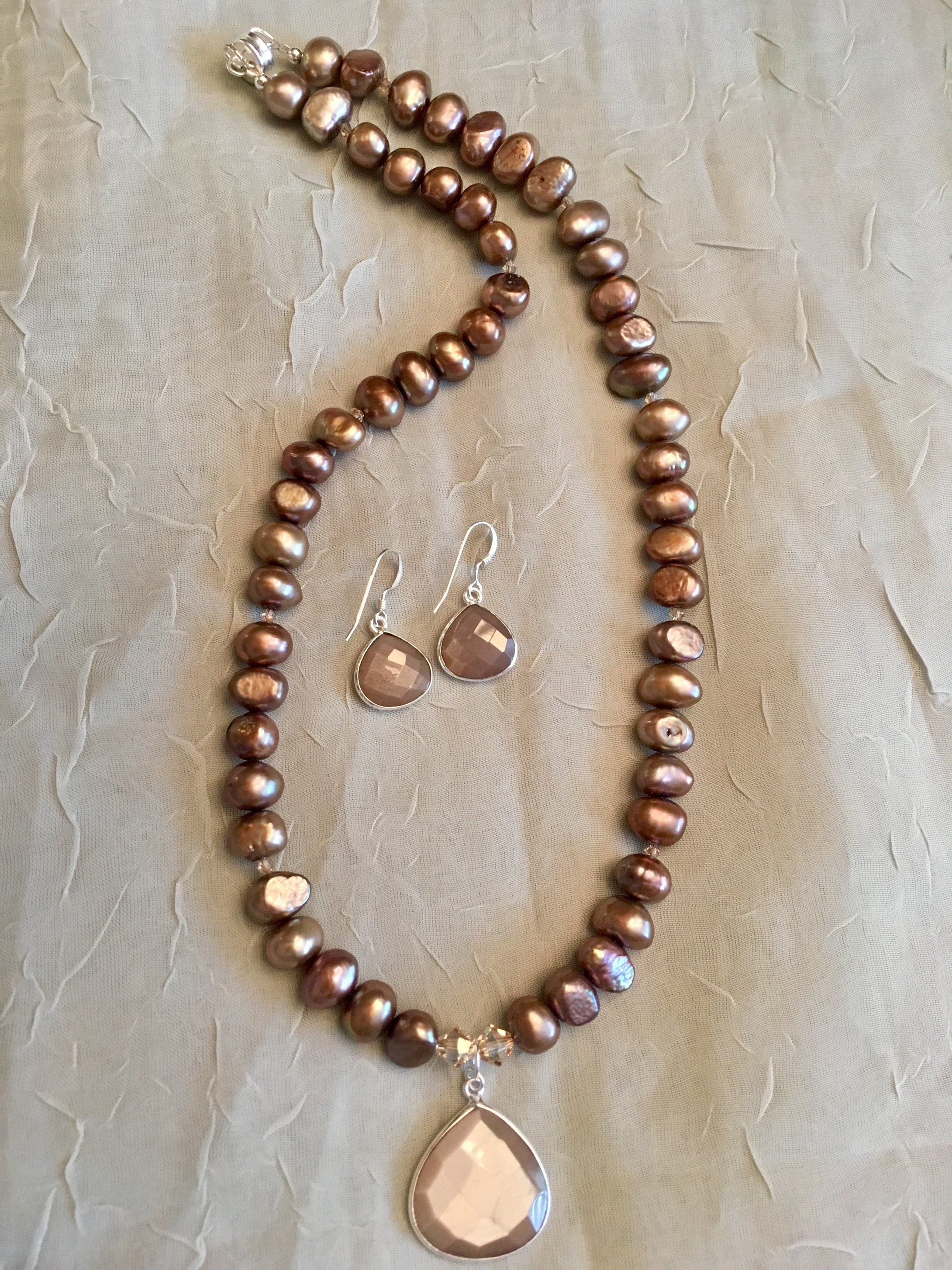 Ringed Freshwater Pearls, Swarovski Crystals & Chocolate Moonstone Pendant.  18