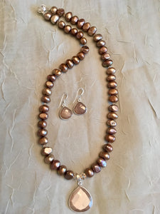 Ringed Freshwater Pearls, Swarovski Crystals & Chocolate Moonstone Pendant.  18"