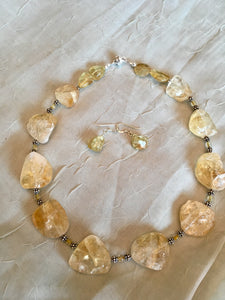Citrine Raw Nuggets, Gold Raticulated Beads, Bali Silver.  17"