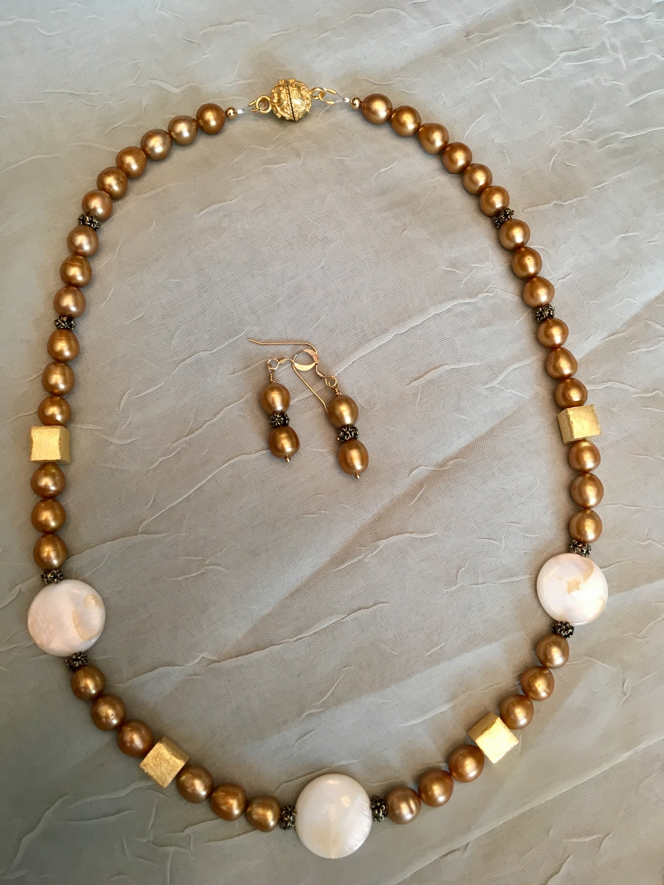 Freshwater Butterscotch Pearls, Mother of Pearl, Brushed & Plated Gold.  20