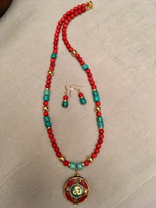 Red Sponge Coral, Turquoise, Plated Gold.  20"