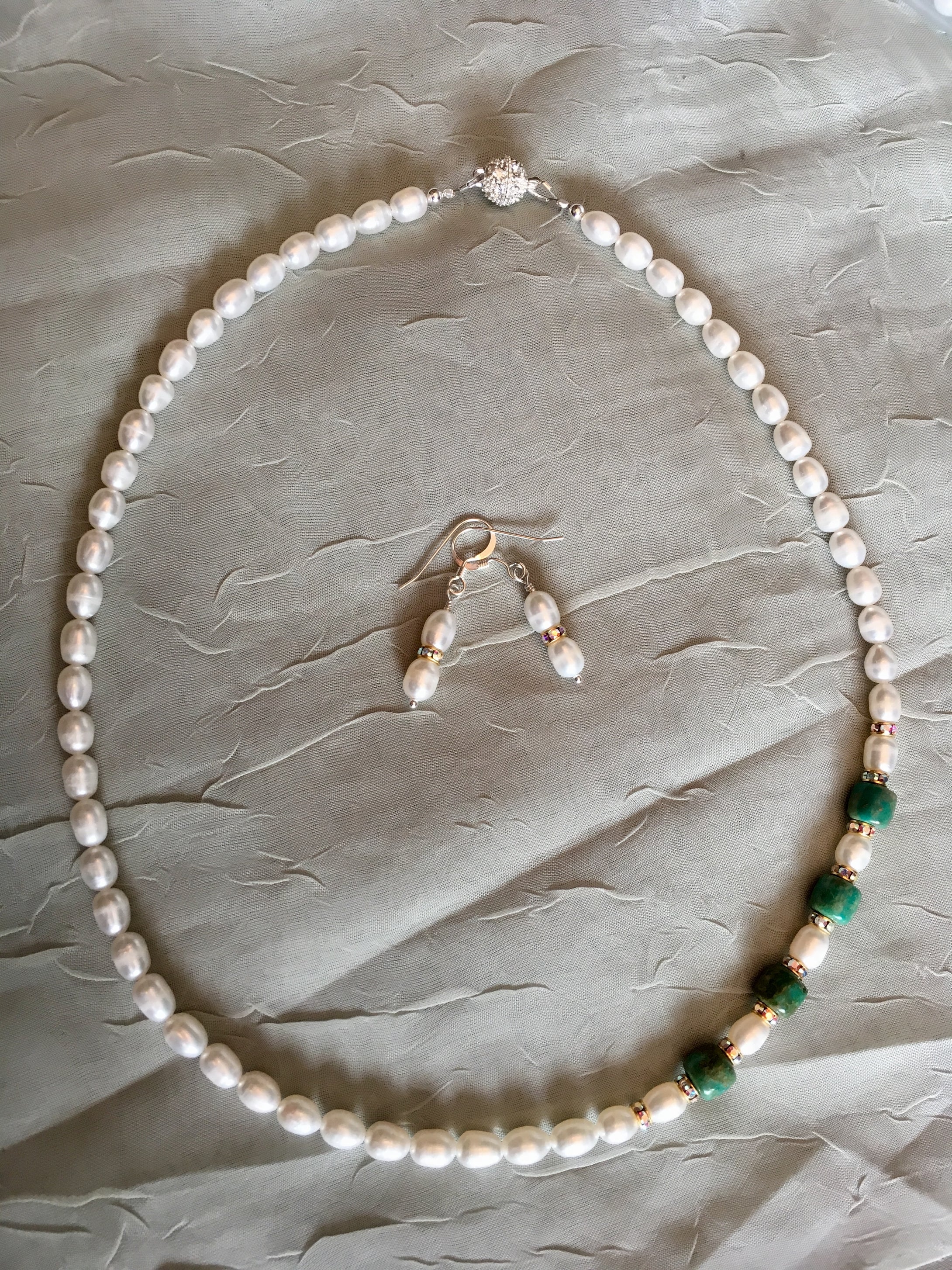 Freshwater Pearls, Turquoise, Swarovski Crystals and Sterling Silver.  17 1/2