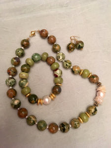 Rhyolite, Baroque Pearls, Heishi, Green Jade, Freshwater Pearls, Plated Gold 17"