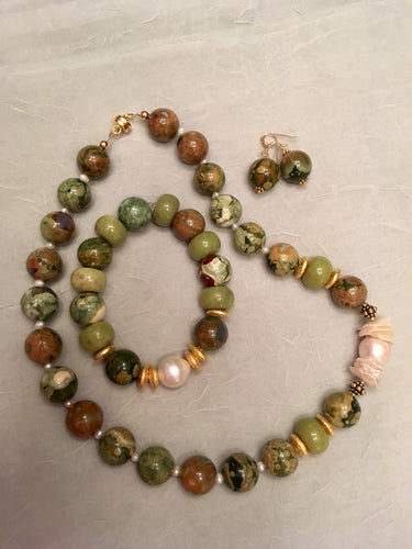 Rhyolite, Baroque Pearls, Heishi, Green Jade Bracelet, Stretch 7 3/4