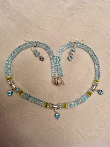 Blue Topaz, Citrine & Peridot Rondelles, Sterling Silver with 3 Blue Topaz Drops 17"