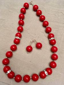 Large Red Crystal Round Pearls and Plated Clear Crystals  18"