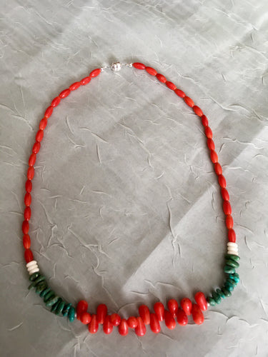 Red Coral Beads & Briolettes, Turquoise Chips, Bone.  17
